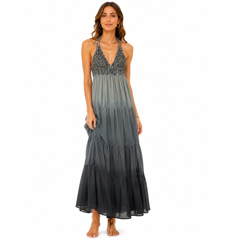 American Rag‎ Cie Tiered Halter Dress Womens Small Blue Ombre Embroidered Boho